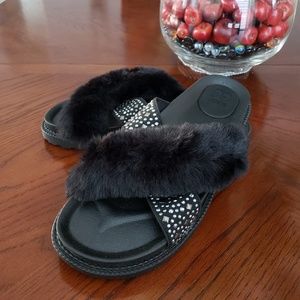Joe's Jeans | Black Studded Faux Fur Slides